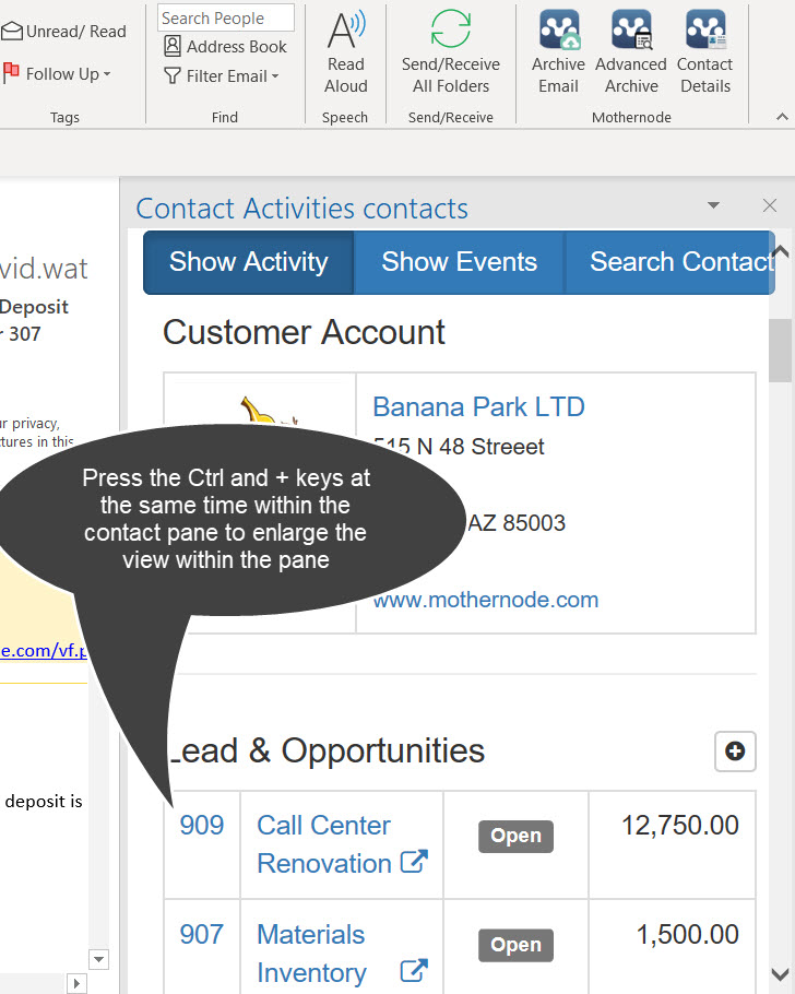 Mothernode CRM Outlook Plugin – Enlarging Contact Pane View ...