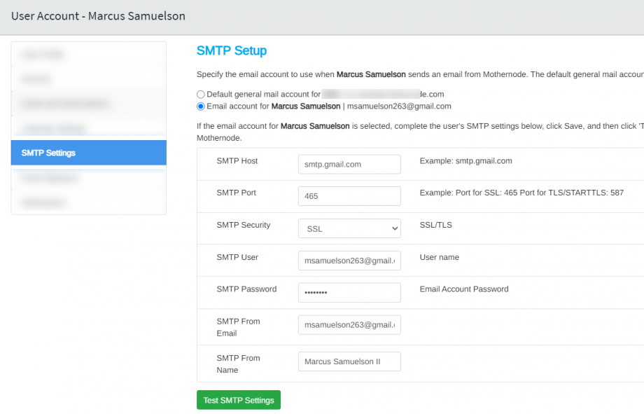 Setting User SMTP Settings in your User Account Mothernode Support